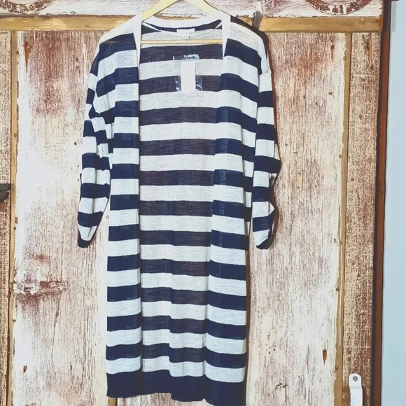 Nautical blue white striped open knit cardigan lightweight semi sheer M - Picture 2 of 11